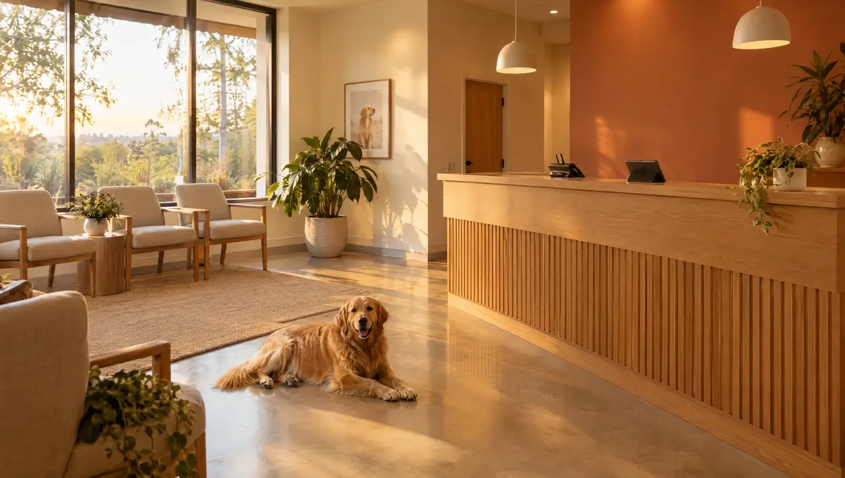 A warm, sunlit veterinary clinic reception desk